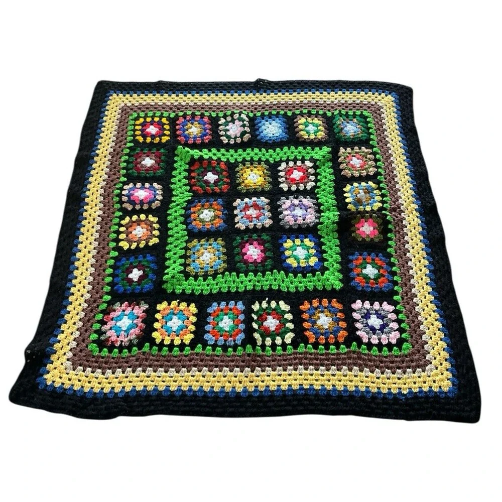 Vintage Handmade Crochet Granny Square Afghan Blanket Multicolor Lap 54 x 52